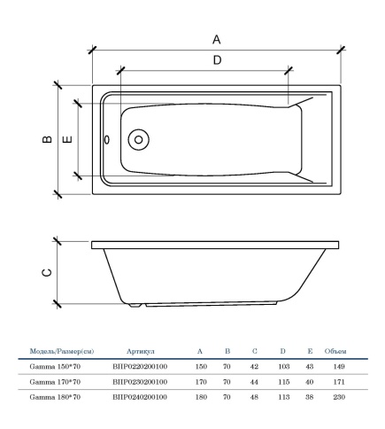 ВПР0230200100 GAMMA Ванна прямоугольная 170х70 белая ALBA SPA фото 5