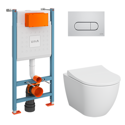 9873B003-7201 Комплект унитаза с инсталляцией Vitra Mia Round с сиденьем микролифт и клавишей смыва Хром глянцевый фото 1